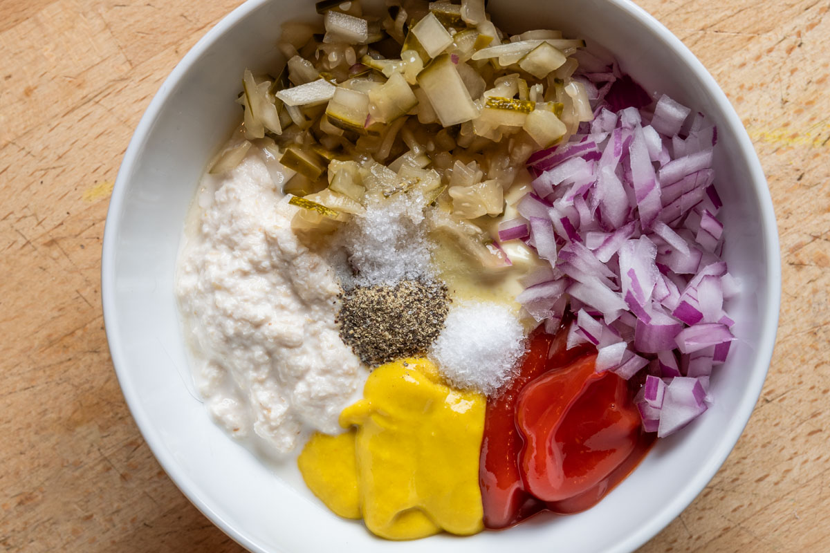 Ingredients of Cheeseburger Sauce in a white bowl