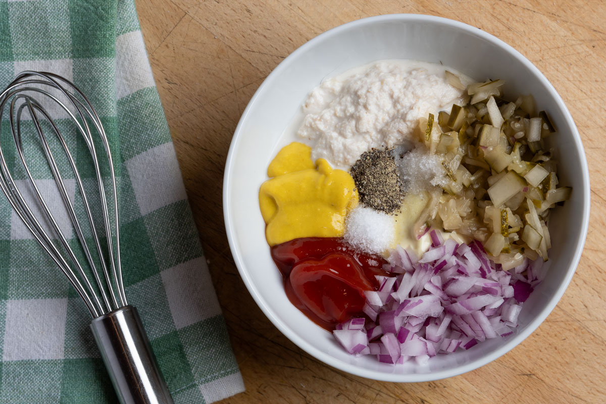 Ingredients of Cheeseburger Sauce in a white bowl