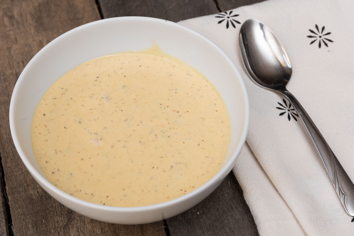 Cheeseburger Guru Sauce Cheeseburger sauce in a white bowl.