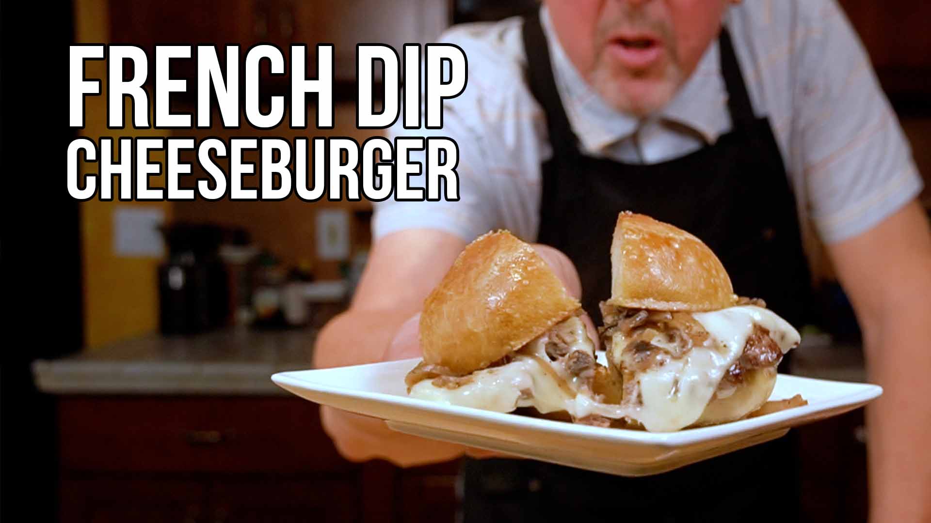Promotional image for the French Dip Cheeseburger from Cheeseburger Guru